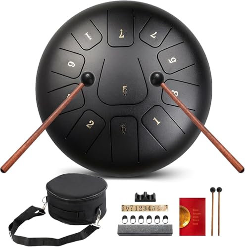 Zungentrommel 10 Zoll 11 Noten, Handpan Instrument Stahlzungentrommel mit Trommelschlägeln, Trommelschlägeln Tragetasche Note Sticks für Klangheilung Meditation Yoga
