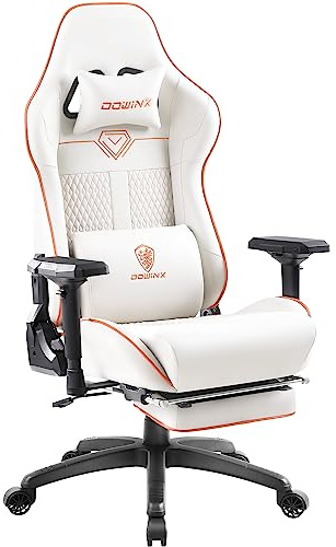 Dowinx Gaming Stuhl - Bürostuhl l mit 4D Armlehnen und Fußstütze- PU Leder Gamer Stuh mit Hoher Belastbarkeit- Ergonomischer Gaming Chair- als Gaming-Sessel Geeignet - 150 kg (Weiß)
