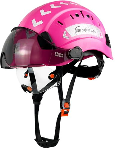 SAFEBUILDER Hard Safety Helmet with Visor, Clear & Tinted, Adjustable, Vented, ABS, 6-Point Suspension, ANSI Z89.1 Approved for Industrial Use (Orange Hat with Visor