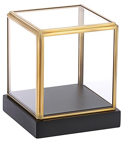 Hipiwe Goldene Metall-Glasvitrine mit schwarzem Sockel, klein | Vintage Gold Vitrine für Pflanzen, Actionfiguren-Modelle, Andenken-Boxen, quadratisch, 8,4 x 8,4 x 9,1 cm