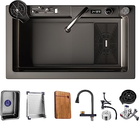 Cascata Lavello Cucina Acciaio Inox Set, Singola Ciotola Lavello Workstation Con Display Digitale Rubinetto Pull-Out, Rondella Tazza, Manopole di controllo Set 13 pezzi (Color : Black-Grey, S : 75x4