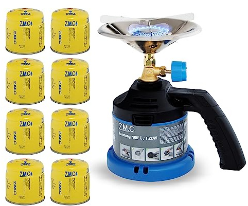 Z.M.C Campingspis + 8 gaspatroner 190 g, gasspis med handtag för camping, koltändare utomhus, patronkokare för stickpatron, liten gasgrill