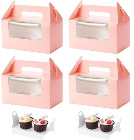 Coptiner Cupcake Boxes, 2 Hole with Window with Handle,Pink Cupcake Carrier Small Bakery Pastry Boxes for Carrying and Displaying Tasty Muffins, Fairy Cakes 50 Pack (Pink)