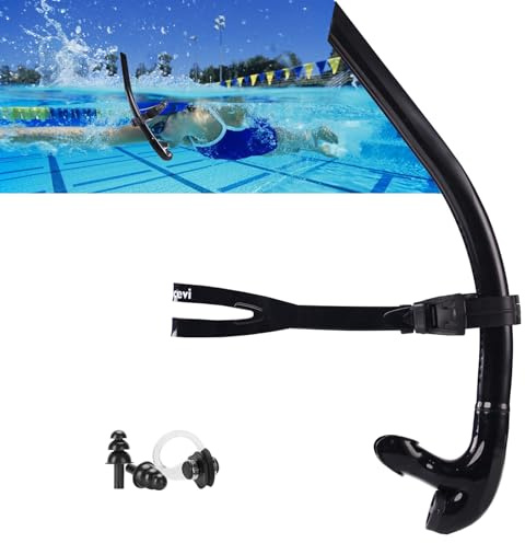 Swim Snorkel for Lap Swimming，No Loud gurgling Noise No Hurt Forehead No Slip Swimming Snorkeling Training for Adult/Youth,Swimmer Snorkle Center Mount Snorkel One-Way Purge Valve Black
