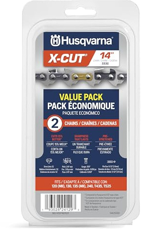 Husqvarna X-Cut S93G 14 Inch Chainsaw Chain, 2 Pack, 3/8 Pitch, 050 Gauge, 52 Drive Link Chainsaw Blade Replacement, Pre-Stretched and Low Kickback, Gray