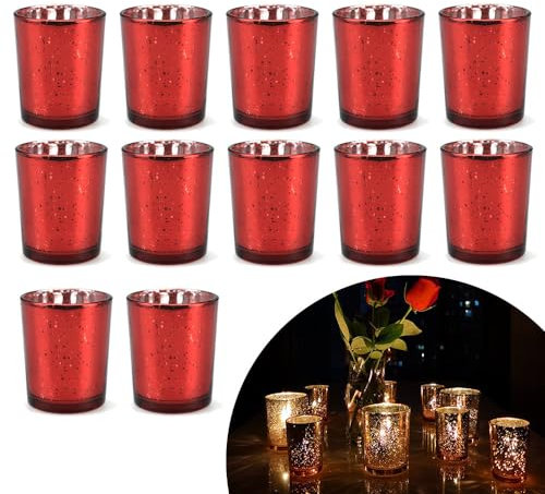 Hiseng Teelichthalter 12 er-Set Glas Kerzenhalter Votivkerzenhalter Sternenhimmel Teelichtgläser Kerzenleuchter Teelichter Dekoration für Weihnachten Tischdeko, Hochzeit, Party (Rot)