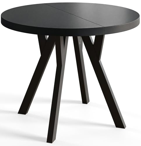 AlpiMeble Esstisch Ausziehbar OVO, 90-190cm, Stabile Beine, Schwarz | Runder Tish, Moderner Design, Wohnzimmertisch und Küchentisch, Stabile Konstruktion, Schwarze Beine