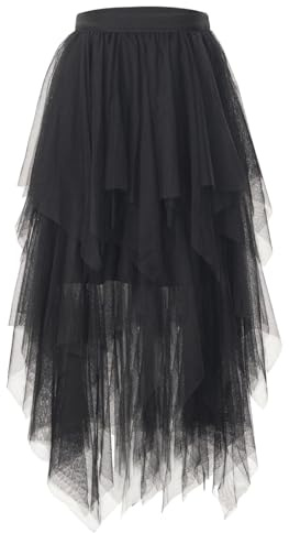 XNIVUIS Jupe en Tulle Femme Vintage Jupon Mi-Longue Jupe Tutu en Tulle pour Femme Taille Elastique Multi Couché Petticoat Tutu Robe midi Trapèze Plissée en Filet Irrégulière, Taille Unique (Noir)