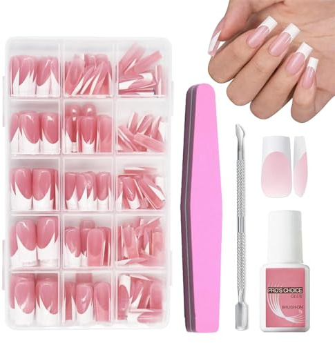 False Nails - 240 Pcs Coffin Press on Nails French Tip Nude Color False Nail Kit - Full Cover Stick on Nails Ballerina Nail Art with Nail File,Cuticle Pusher,Nail Glue