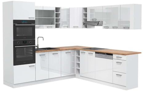 Vicco Eckküche R-Line, Weiß Hochglanz, 247 x 60 cm, AP Eiche, für Flexible Anordnung und modulare Erweiterung