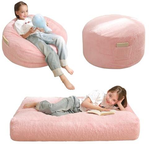 MAXYOYO Bean Bag Chair Bed for Kids, Convertible Bean Bag Folds from Lazy Chair to Floor Mattress Bed, Stuffed Floor Sofa Couch Sofa Bed for Boys and Girls, High-Density Foam Filling, Pink