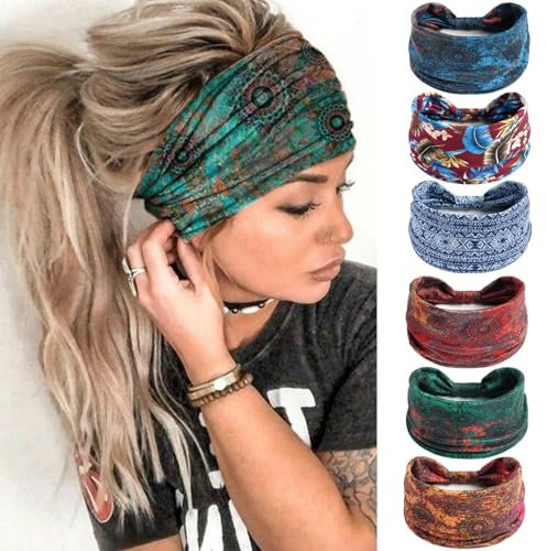 6Stück Stirnbänder für Frauen Breite verknotete Turban Bandana Boho Kopftücher Wraps Yoga Haarbänder Stoff elastische Stirnband Sport Laufen Kopftücher