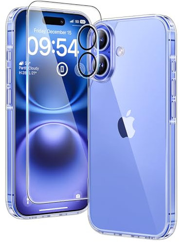 TAURI für iPhone 16 Hülle 6,1 mit Panzer Schutz Glas Folie, Schutz nach Militärstandard, [Anti-Vergilbung] Stoßfest Transparent Handyhülle - Durchsichtig