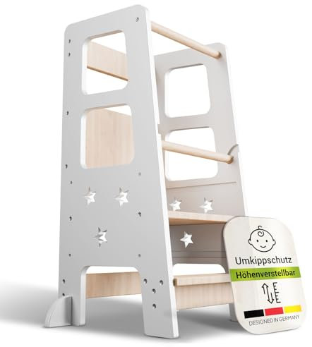 Juskys Lernturm Henny - für Kinder ab 1 Jahr, Stehhilfe, 3-Fach höhenverstellbar, Umkippschutz, Küchenhelfer - Weiß
