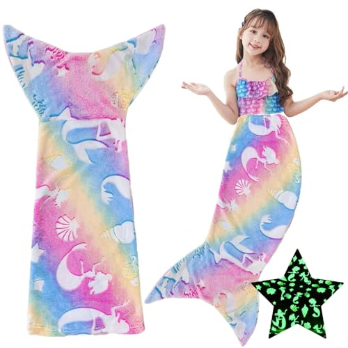 Meerjungfrau Decke Glow in The Dark, 100x50 cm Meerjungfrauen Flosse, Kuscheldecke für Mädchen Kinder Erwachsene, Flanell Sofa Decken alle Jahreszeiten Schlafsack Geschenk für Geburtstag Weihnachten