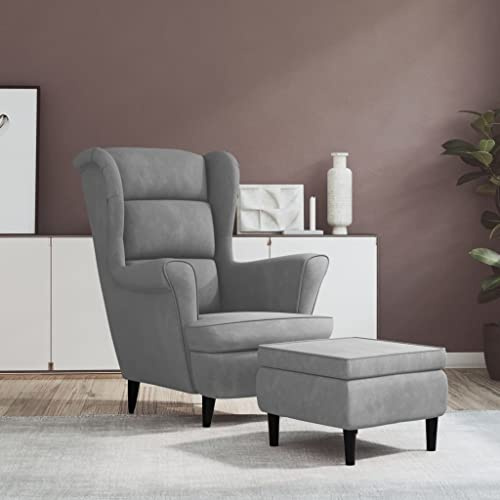 IKAYAA Butaca Viena con Taburete, Sillon Nordico, Sillón Escandinavo, Sillón Orejero, Butaca Viena, Relax Orejeras Escandinavo en Terciopelo Sillones Comodos para Salón o Dormitorio Gris Claro
