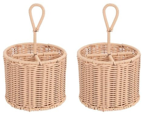 YöL Set of 2 Table Cutlery Rattan Wicker Basket Table Carry Handle Knife Fork Spoon Napkin Summer Outdoor Dining