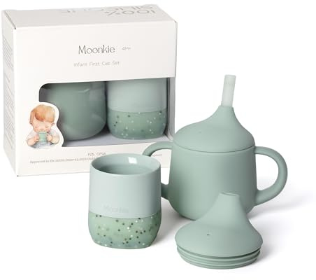 Moonkie Tasse Apprentissage Bebe, Set de Gobelet Bebe 60ml & Tasse a Bec en 3 Étapes 120ml, Gobelet Silicone pour 4 Mois+, sans BPA, Tasse Enfant 6-12 Mois, Adapté au Lave-vaisselle(Menthe)