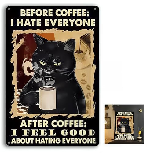 Annlpoy Gato Negro para Decoración Café,Cartel Retro Vintage Estaño,Cartel Vintage de Metal para Decoración de Pared,para Cafeterías, Cocina y Cafetería, Resistente al Agua y Duradero, 20 x 30 cm