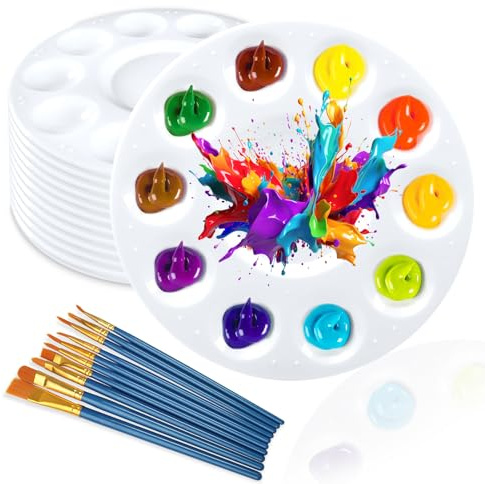 12 stycken blandpaletter, 11 färgfält rund plastpalett med 10 borstar, akvarellmålning skål, universalpalett, gör-det-själv konstmålning palett för akvarell, gouache, akryl och oljemålning