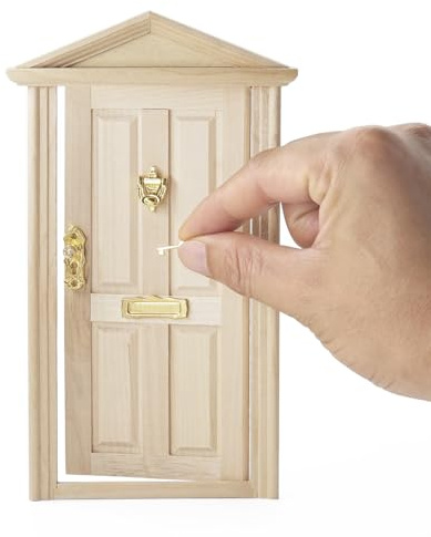 Odoria Dollhouse Front Door Miniature: 1/12 Scale Fairy Garden Panel Doors for Elf Outdoor - Mini Golden Knocker Lock Mail Slot Set - Tiny Unfinished Furniture Wood, Pointed Top, Inswing