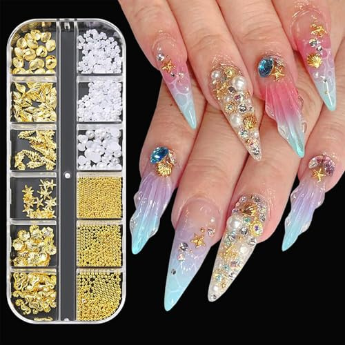 AuraFusion Nail Charms Gold, 3D Metall Nageldesign – Sommer Strandthema mit Muscheln, Seepferdchen und Perlen für DIY Maniküre und Bastelprojekte
