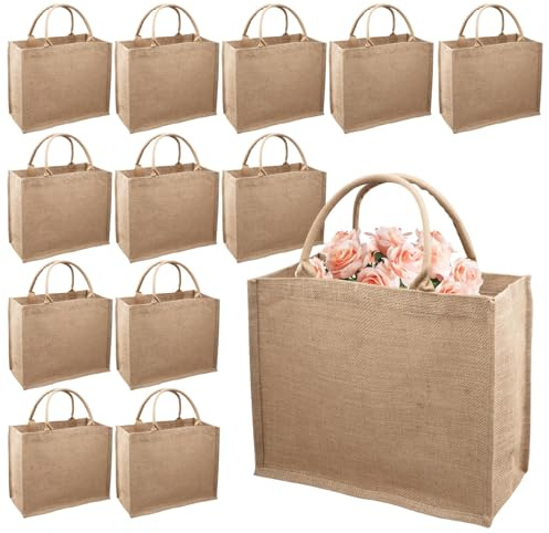 12er Set Große Jutetaschen - 40 x 32 x 15cm Wiederverwendbare Einkaufstasche mit Henkeln, Unbedruckte Natur-Jutebeutel für Damen, Hochzeit, DIY Basteln, Geschenktaschen, Einkauf, Küche, Mehrzweck