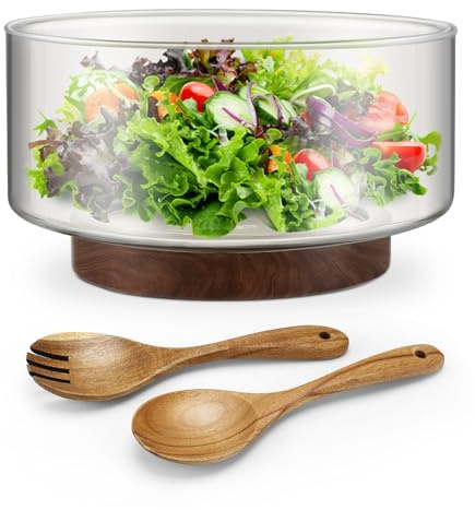 Tsudoku Large 3700ML Glass Salad Bowl with Wood Salad Tongs, Enhanced Stability Design, Versatile Serving Bowl for Salads, Fruits, Ideal for Gatherings & Daily Family Dining