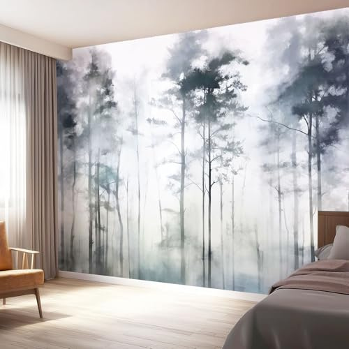 Soggiorno Carta da Parati Murale 350 x 256 cm, Acquerello Foresta Alberi Carta da Parati per Parete TV Camera da Letto Decorare, Grigio Decorazione Murale Fotomurale