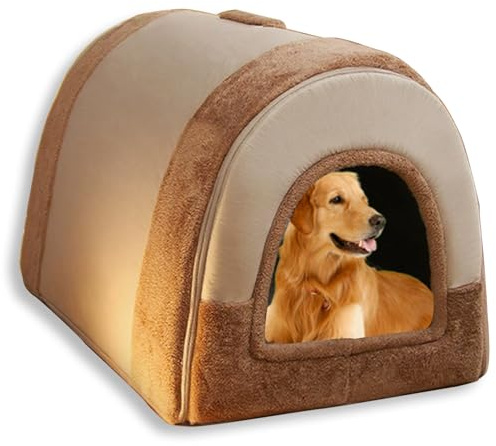 Großes Hundebett, 2-in-1-Hundehütte für Katzen, beruhigend, warm, waschbar, luxuriöses Hundehaus, abnehmbar, Anti-Angst-Haustierbetten (Braun, Größe XL - 65 x 53 x 50 cm)