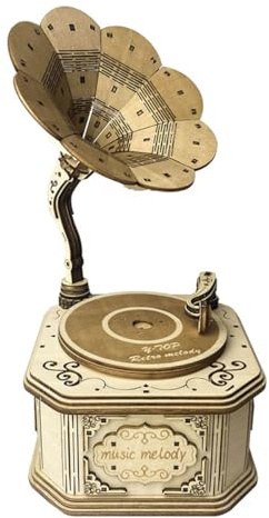 Puzzle 3D en bois, boîte à musique gramophone rétro, kit de bricolage mécanique à construire, kit de montage décoratif idéal pour adolescents et adultes (version enroulable/plus de 100 pièces/couleur