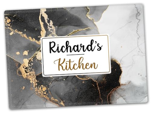Personalised Glass Chopping Board, Grey and Gold Marble Design, Cutting Board, Kitchen Worktop Saver 40cm x 30cm, Wedding, Anniversary, Housewarming, New Home, Birthday, Gift for Chefs or Cook