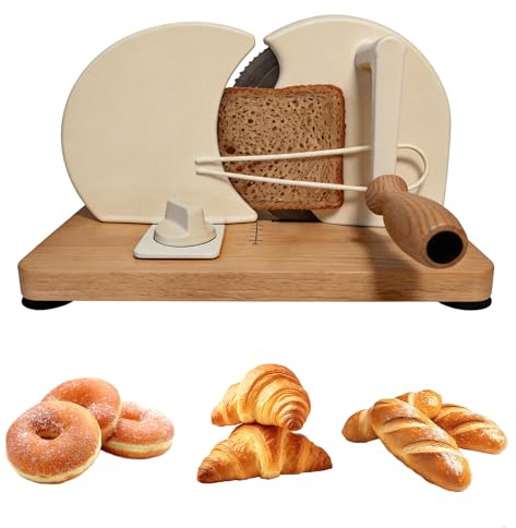 KIRJAUDU Brotschneidemaschine Manuell, Klassischer Brotschneider mit Holzschneidebrett & Edelstahlklinge, Einstellbare Schnittstärke, Rutschfest & Leicht zu Reinigen, für Haushalt, Café und Bäcker