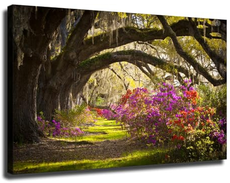Charleston Sc Plantation Live Oak Trees Spanish Moss Azalea Flowers Blooming Poster Wall Art for Living Room Bedroom Wall Art Printin Wall Decor Gifts (12x18inch-No Framed)