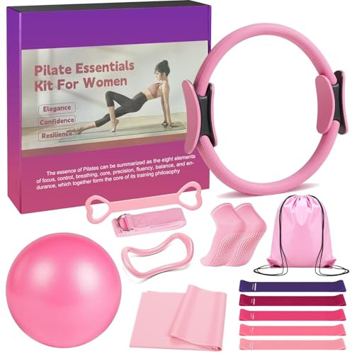 lxmydm Pilates Set, Pilates Ring Set 13 Teiliges mit Zubehör Yoga Ball, Yoga Gurt, Fitnessbänder, Pilates Socken, Trainingsposter & Tragbarer Tasche, Home Pilates Essential Kit für Frauen