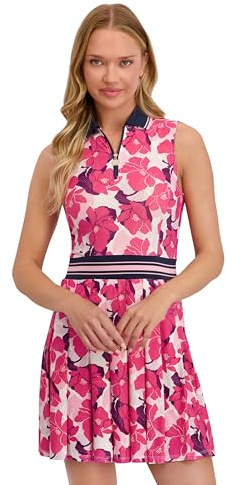 Stella Parker Women's ¼ Zip Pleated Skirt Polo Dress – UPF 50+, Stretch Fabric, 35” Length, Floral, X-Small