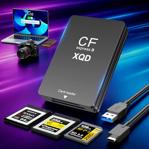 CFexpress Type-B Kartenleser & XQD & SD Kartenleser 3 in 1, USB 3.1 (Gen 2) 10Gbps CF Express Typ B Leser Adapter Card Reader mit UAB-A & USB-C-Kabel kompatibel mit Windows/Mac/Linux/Android, Schwarz