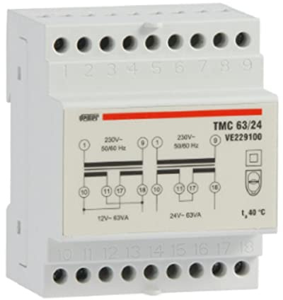VEMER VE229100 TMC 63/24 - Transformador de Electricidad de Carril DIN para Servicio Continuo, 230V/12-24V, Potencia 63VA, Blanco