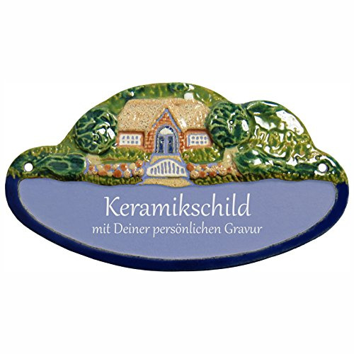 Handarbeit aus Schleswig-Holstein Keramikschild 18,0 x 10,0 cm Landhaus mit Bäumen (hellblau)