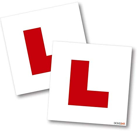 Signs247 L Plates Sticker for Cars and Motorbikes, UK Made Learner Driver Sign Decals, Self Adhesive Red White Driving Stickers for Vehicle Bodywork, Front Rear Display Pair for Practice Tuition