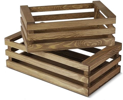 Flexzion Dekorative Aufbewahrungskisten aus Holz – rustikaler Stil, Vintage-Holzkiste, dekorative Heimdekoration, Ausstellungstablett, offene Oberseite, Nistkästen mit Griffen – (2er-Set) (2er-Set)