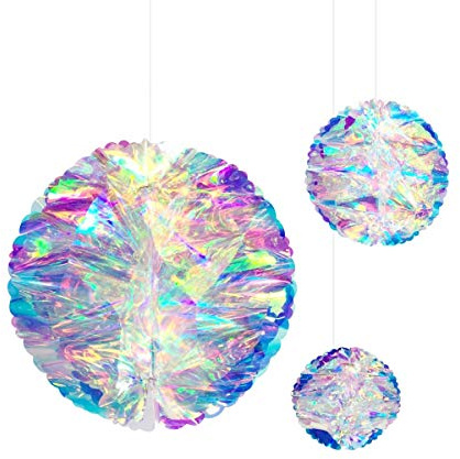Hanging Decorations Iridescent Honeycomb Ball Foil Ceiling Hanging Flowers for Bridal Shower Wedding Birthday Frozen Theme Party Fairy Princess Rainbow Show Decoration