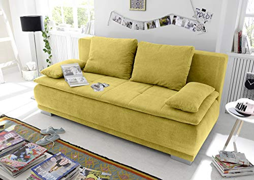 Stella Trading LUIGI Bequemes Schlafsofa mit Bettkasten, Stoffbezug Senf - Klappbares Sofa mit Schlaffunktion und fest vernähtem Schaumtopper - 211 x 93 x 103 cm (B/H/T)