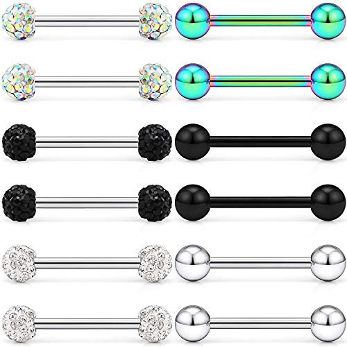 LAURITAMI 12 Paar Zungenpiercing Brustwarzenpiercing Set Chirurgenstahl 1.6mm 14mm Barbell Piercing Zunge Nippel Bars Regenbogen