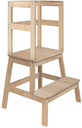 BOMI® Swubi Montessori Lernturm ab 1 Jahr | Sicherer Tritthocker Kinder 2 Stufen | Learning Tower für Kind & Baby | Schemel, Lernstuhl als Stehhilfe, Kinderhocker Holz Natur