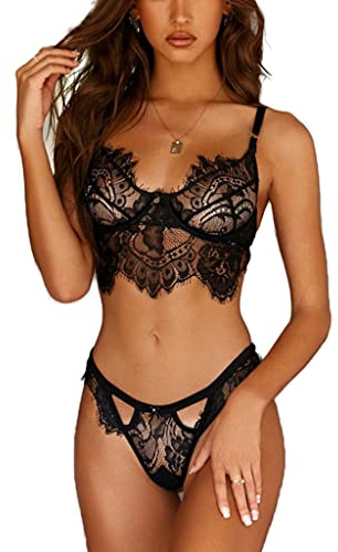 VicSec Mujer Sexy Conjunto de Sujetador y Braguita, Set de Lencería Erótica Romántica de Encaje Malla Transparente Dulce Bralette sin Aros Ropa Interior para Dormir