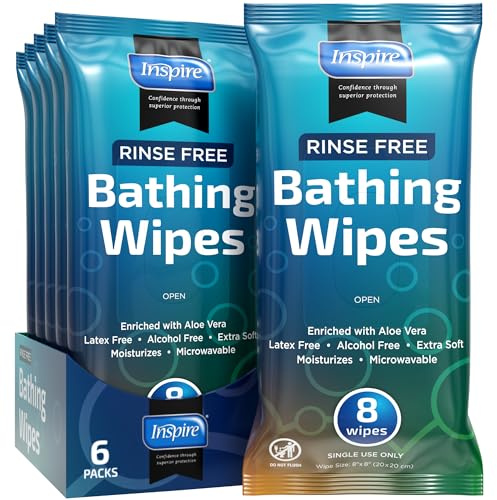 Body Wipes for adults bathing rinse free | Adult Wash Cloths Extra Large, Bathing Wipes for Incontinence, 8x 8 In (48 count) | By Inspire
