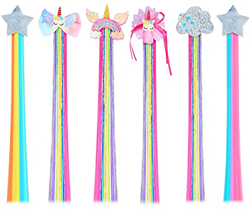 Bunte Haarsträhnen Kinder, 6pcs Einhorn Haarschmuck Mädchen Bunte Strähnen | Haarsträhnen Kinder Einhorn Prinzessin Haarverlängerung Clips Haarschmuck Bunte Haarsträhnen, Haarschmuck Mädchen Bunte