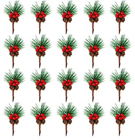 Diealles Shine Plettri di Pino Artificiali, 20 Pezzi Rami di Bacche Pigne di Natale, Rami di Abete Artificiali con Bacche e Pigne per Creare Decorazioni Dell'Avvento Fai da te