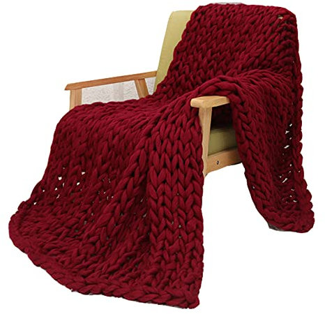 Modische, handgestrickte Überwurfdecke, grob, weich, dick, Bettüberwurf, riesige Strickdecke, warm, gemütlich, Überwurfdecke für Sofa, Bett, Sessel, Garten, Stuhl, Heimdekoration, 60 x 80 cm, rot